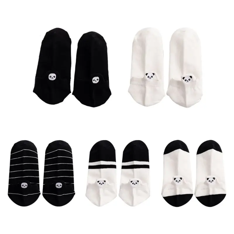 

Female Girls Cute Cartoon Panda Embroidery Cotton Boat Socks Black White Stripes Low Cut Shallow Mouth Short Hosiery