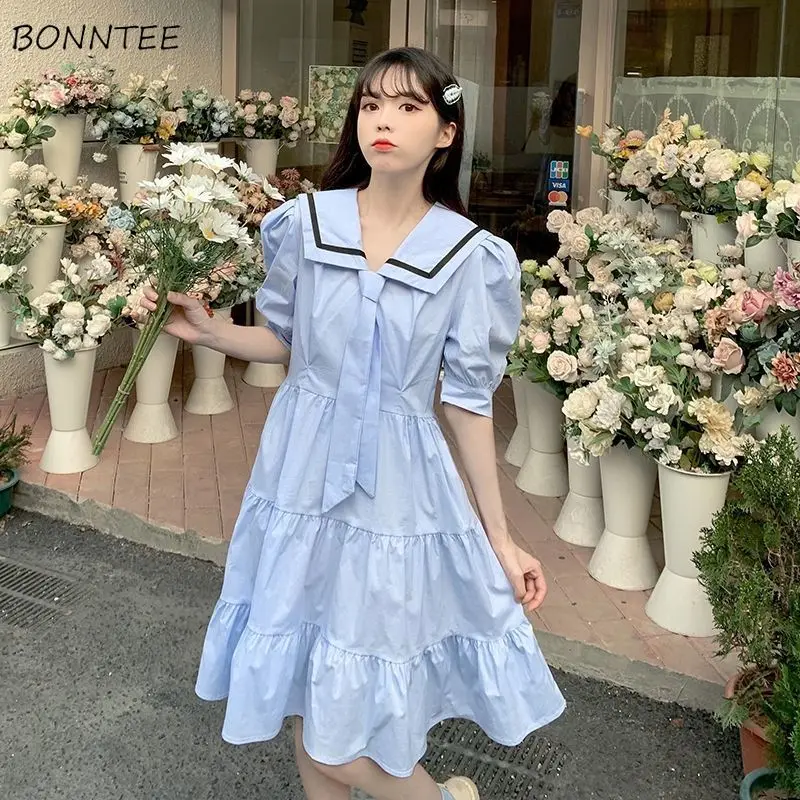 

Dresses Women Preppy Style Sweet Sailor Collar Japanese Students Kawaii A-line Puff Sleeve Girls Chic Trendy Knee-length Female