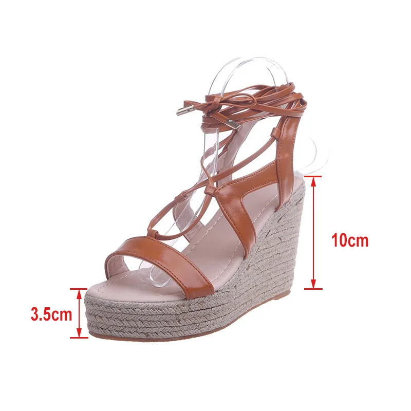 

Fashion Women Hemp Wedge Sandals Open Toe Shoe Ankle Cross-tied Sandals Ladies Platform Female Summer Woman Plus Size Shoes