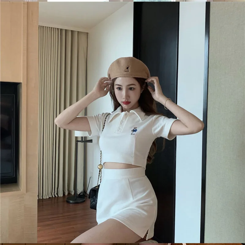 

Two Piece Set Women Split 2021 Mini Skirt Lapel T-Shirt Set Dress Sweet Shorts Sets Solid Skirts College KPOP Sport 2 Piece Sets