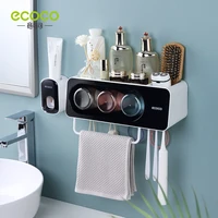 ECOCO New Arrive Wall Mount Toothbrush Holder Automatic Toothpaste Squeezer Dispenser Set Bathroom Accessories Organizer Rack