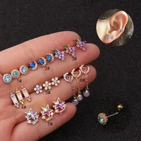 1pc 20g flower star moon cz cartilage stud earring stainless steel colorful cz crystal chain earrings helix ear piercing jewelry