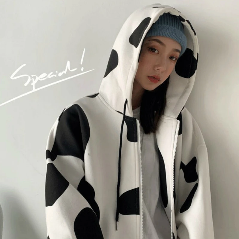 

Basic Jackets Womens Loose Cow Hooded Thickening Plus Velvet Korean Style Casual Students Harajuku Oversize Couple Outwear Chic