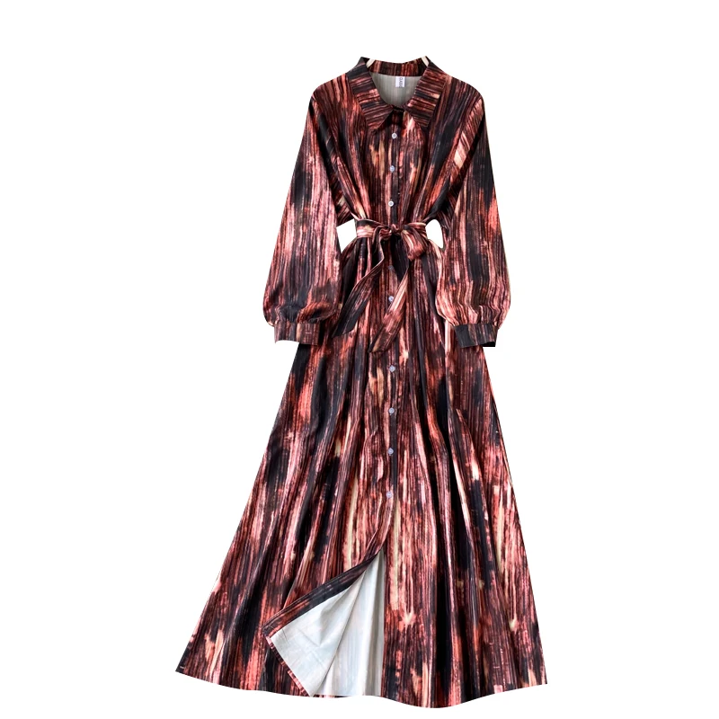 

Retro Printed Shirt Long Dress Autumn Dress 2021 New Style Ladies Retro Single Breasted Dress HK179
