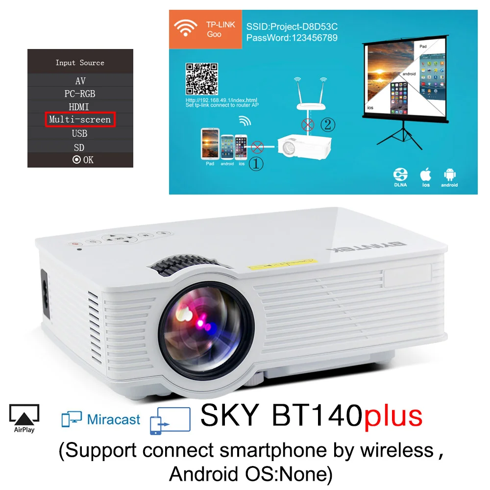 BT140Plus BYINTEK SKY BT140/BT140plus/BT140android светодиодный мини-проектор HD Домашний кинотеатр(дополнительно: беспроводной дисплей для Iphone смартфона - Цвет: BT140Plus