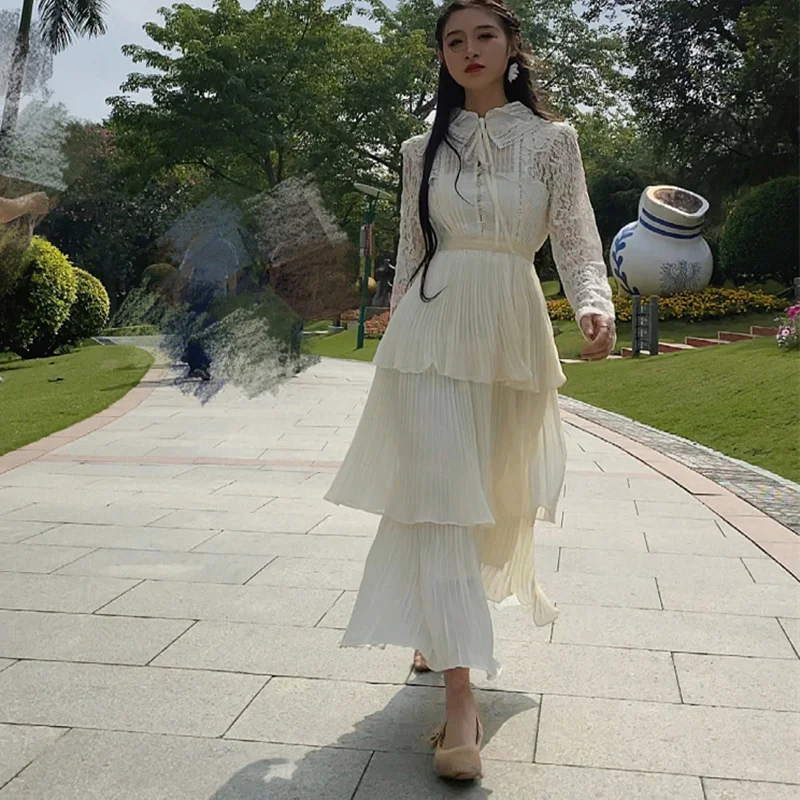 

High End Designer Runway Dress 2021 Fashion Single Breasted White Lace Pleated Chiffon Cake Long Dress Birthday Christmas Dress