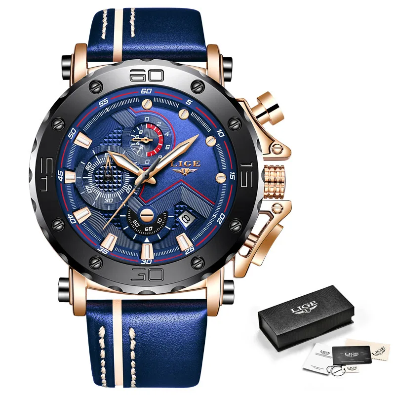 Rose gold blue LIGE, мужские часы, Топ бренд, Роскошные, военные, спортивные часы, мужские, черная кожа, аналоговые, кварцевые часы, водонепроницаемые, Relogio masculino+ коробка - Цвет: Rose gold blue
