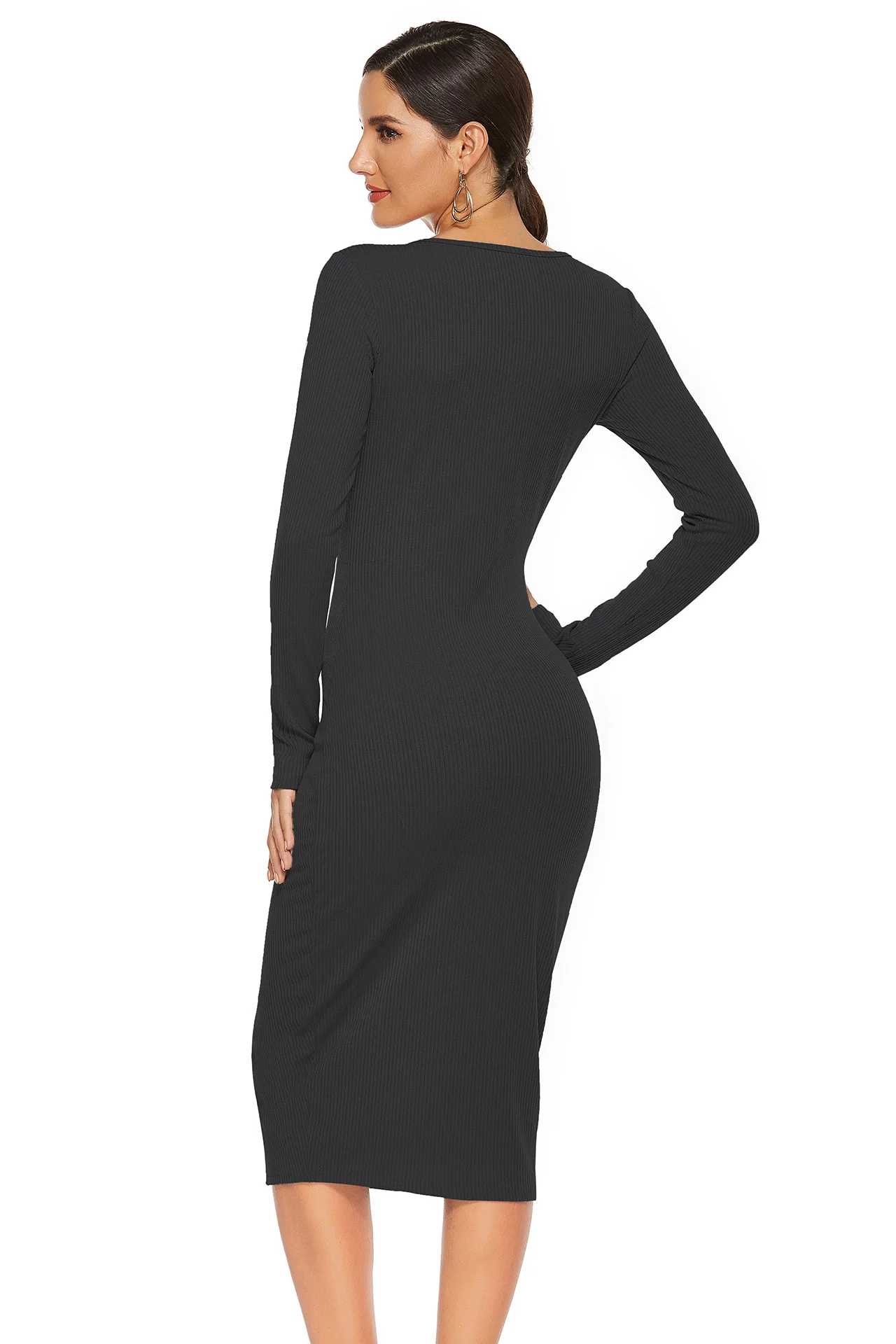 

Women Midi Sweater Dress 2020 Autumn Winter Button Long Sleeve Slim Bodycon Black Black Pencil Dress Office Lady Dresses Robe