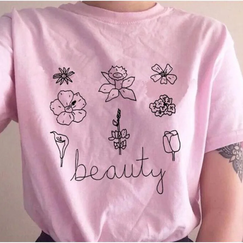 

100% Cotton Women T Shirt Beauty Flower Printed Tshirt Ladies Short Sleeve Tee Shirt Women Female Tops Clothes Camisetas Mujer