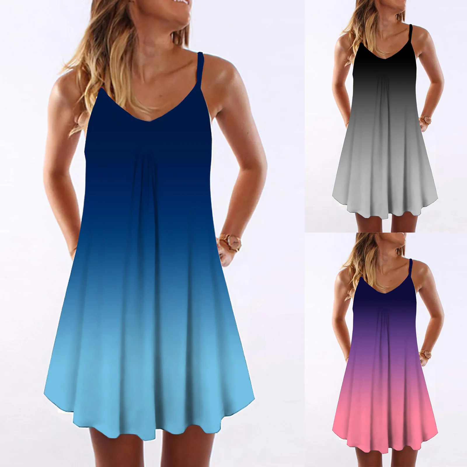 

Casual V-Neck Gradient Women Dress 2021 Summer Sleeveless Shirt Dress Casual Plus Size Ladies Robe Sundress Femme Vestidos