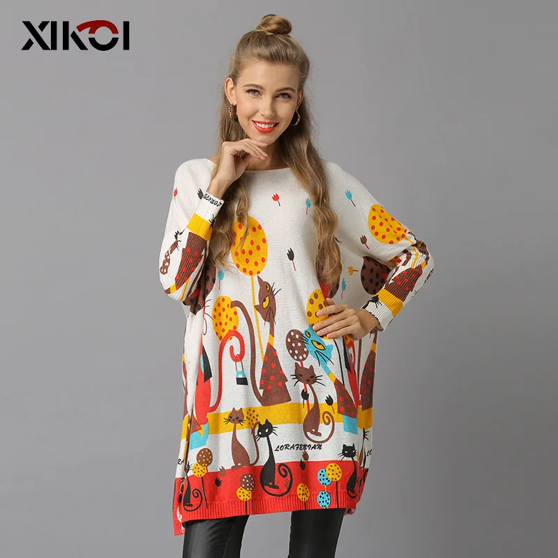 Женский вязаный свитер с принтом кошек пуловер оверсайз длинным рукавом летучая