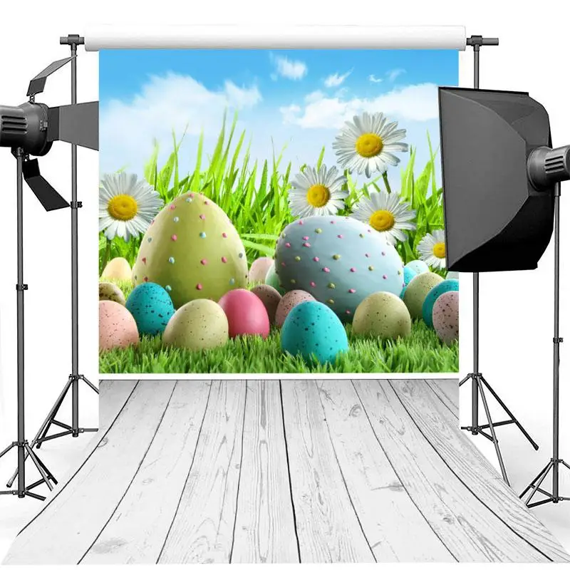 

Фон для фотосъемки с пасхальными яйцами белыми маргаритками цветами зелеными листьями синим небом белыми облаками фоны для фотостудии