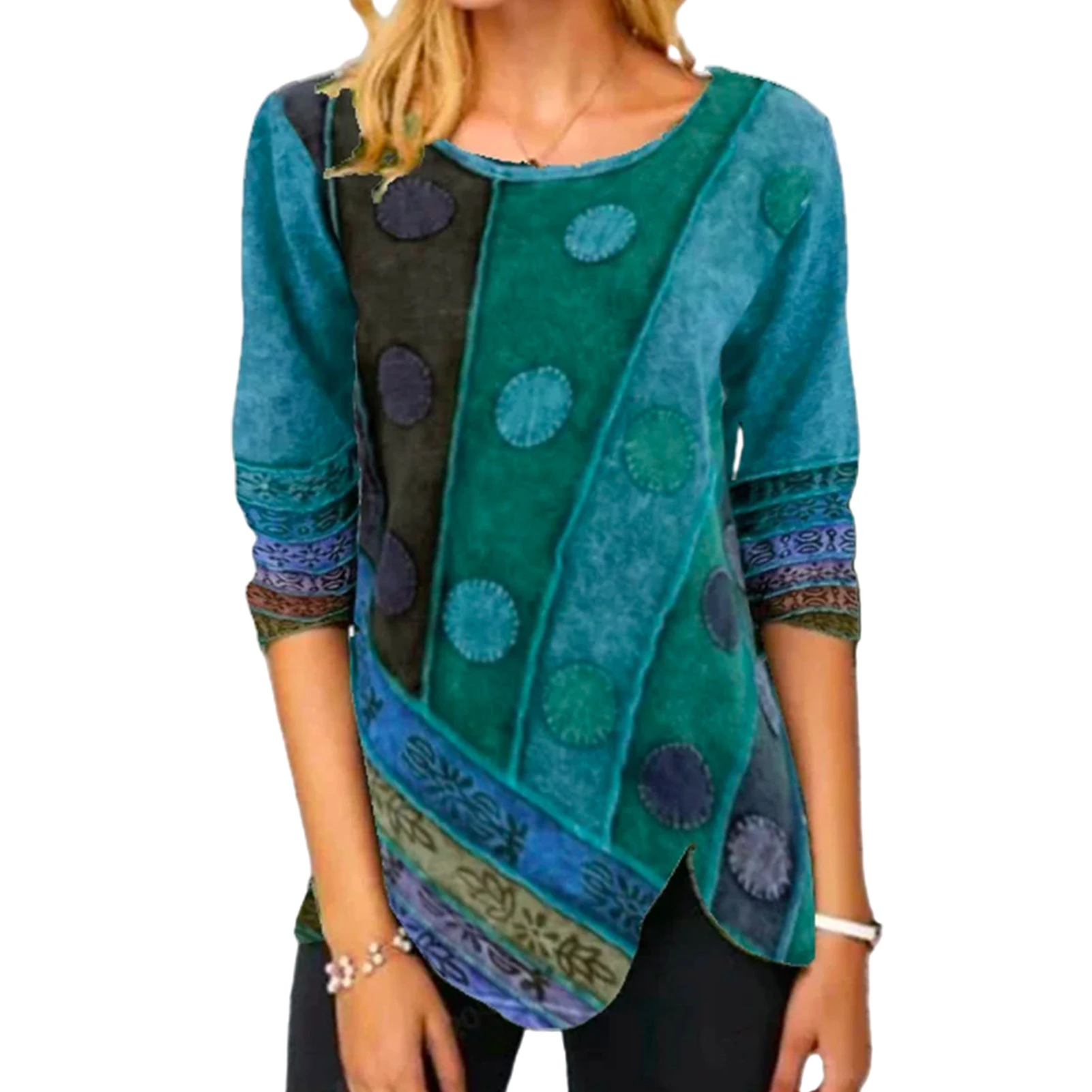 Осенняя блузка для waman в стиле ретро с асимметричным подолом и круглым вырезом