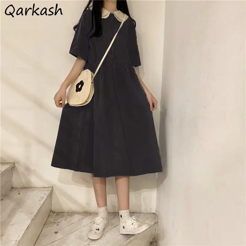 

Женские платья до колена, с коротким рукавом, в стиле Харадзюку, летние, лоскутные, универсальные, с завышенной талией, на пуговицах