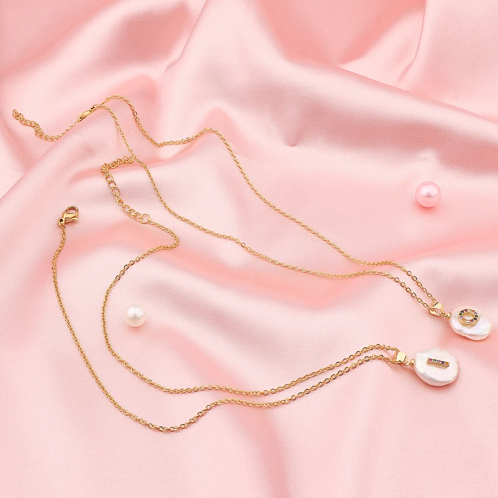 FINE4U N501 Initial Alphabet A-Z Letters Natural Freshwater Pearl Pendant Necklace Stainless Steel Choker Birthday Gift |