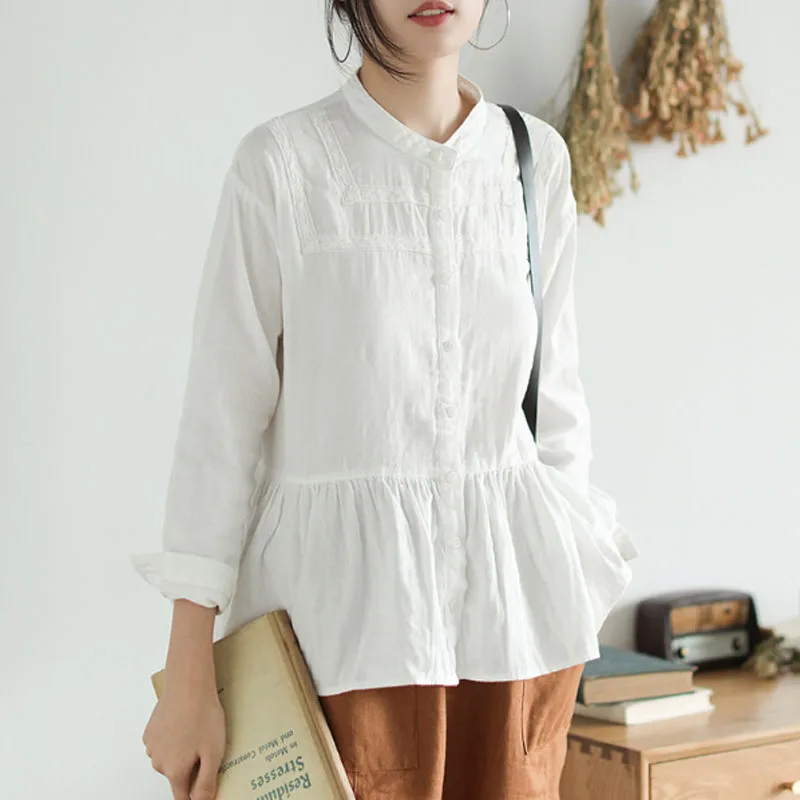 Johnature Весенняя однотонная однобортная рубашка с длинными рукавами и