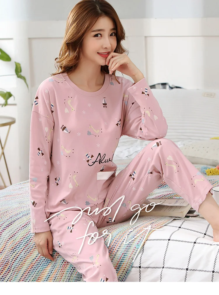 M L XL XXL 3XL 4XL 5XL Женская одежда для сна с длинным рукавом, хлопок, комплекты одежды для сна, осенние пижамы, женские пижамы