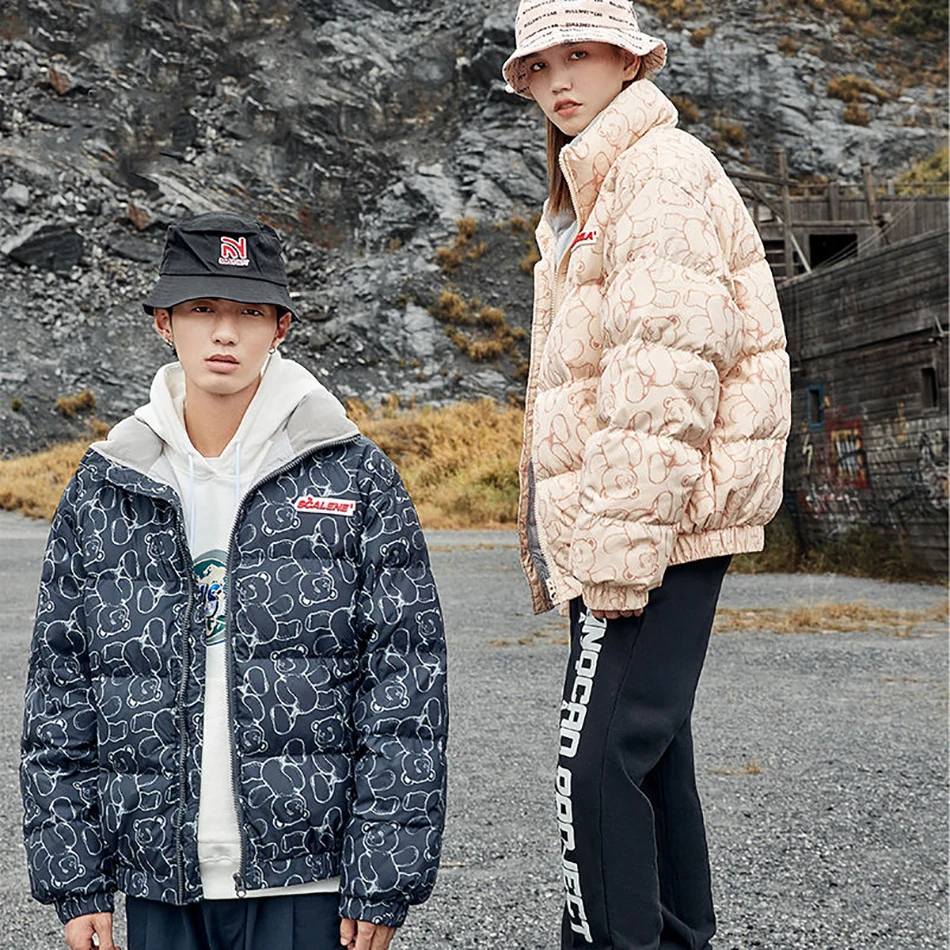 

Cartoon Little Bear Men Jacket Short Coat Hooded Fur Collar White Duck Couples Zipper Parka Thick Warm Down Jacket Unisex