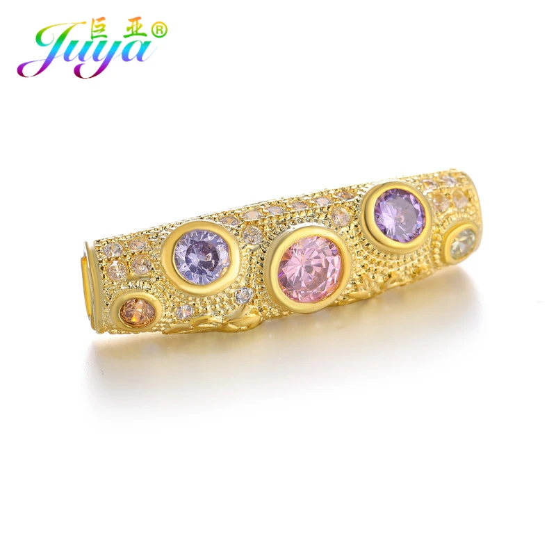 Juya DIY золотые/серебряные/розовые золотые разделительные бусины, поставки, микро проложенные циркониевые изогнутые трубчатые бусины для изготовления ювелирных изделий из натурального камня и жемчуга