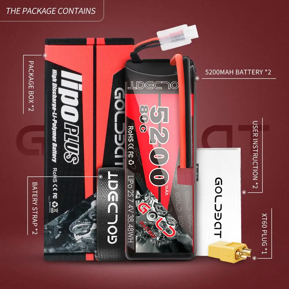 

2units GOLDBAT Lipo Battery 5200mAh 7.4V 2S 80C RC Battery Lipo 7.4v RC Battery With Deans Plug For RC Truck Airplane UAV RACING