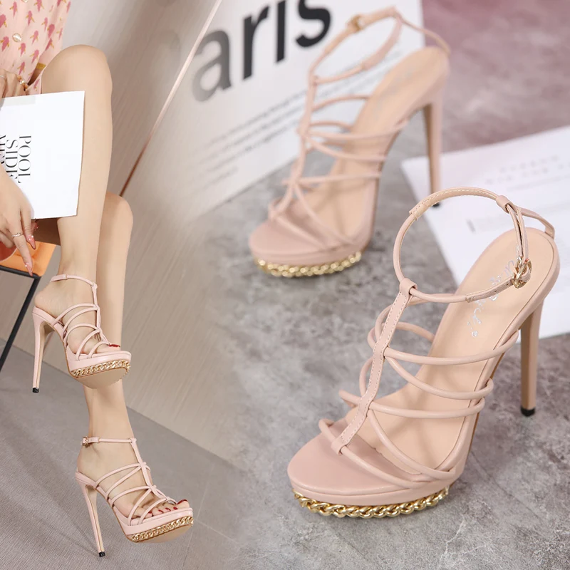 

European And American Fashion Waterproof Platform Super High Heel 14 Cm Chain Temperament Ladies Sandals Summer New Style.