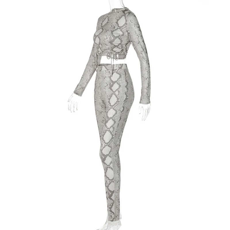 

Cutubly Ruched Women 2 Piece Set Snake Print Matching Set Drawstring Crop Top Tshirt Leggings Bodycon Sexy Streetwear Autumn