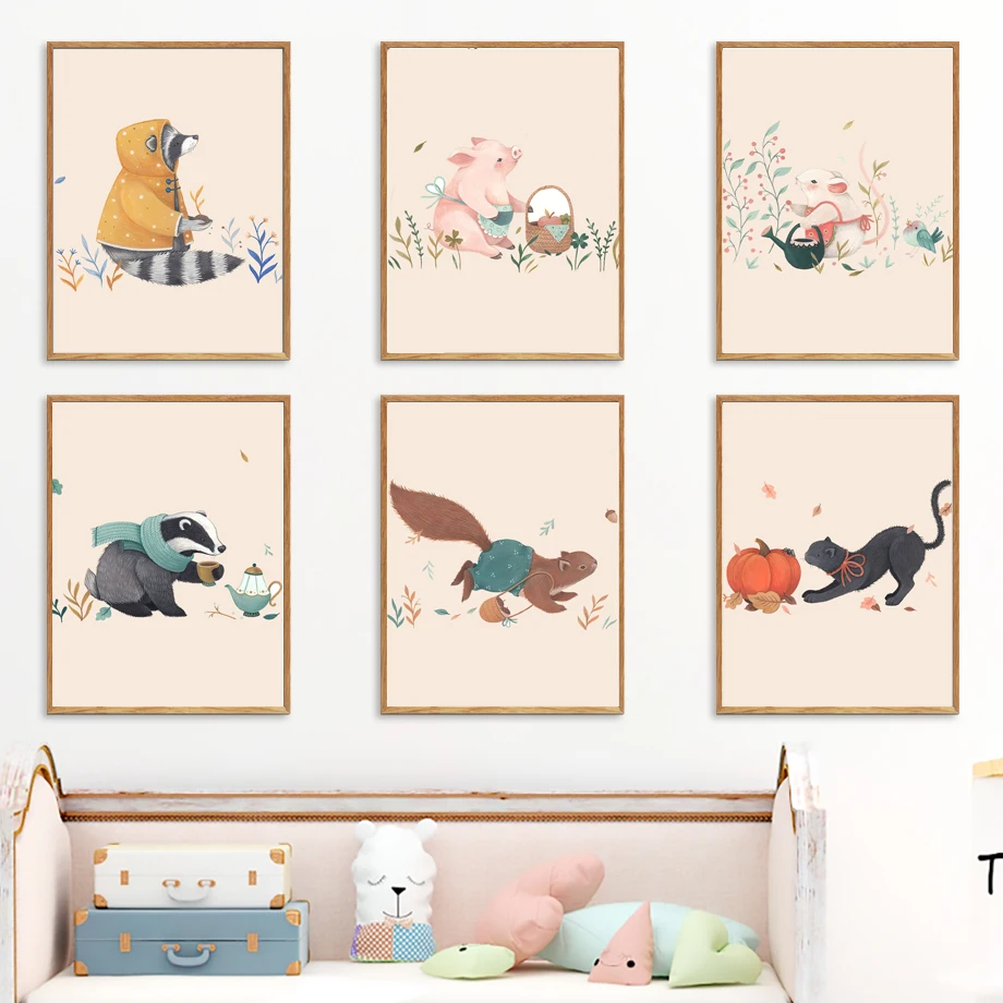 

Black Cat Raccoon Pig Bird Mouse Squirrel Flower Wall Art Canvas Painting Nordic Poster And Prints Wall Pictures Kids Room Decor