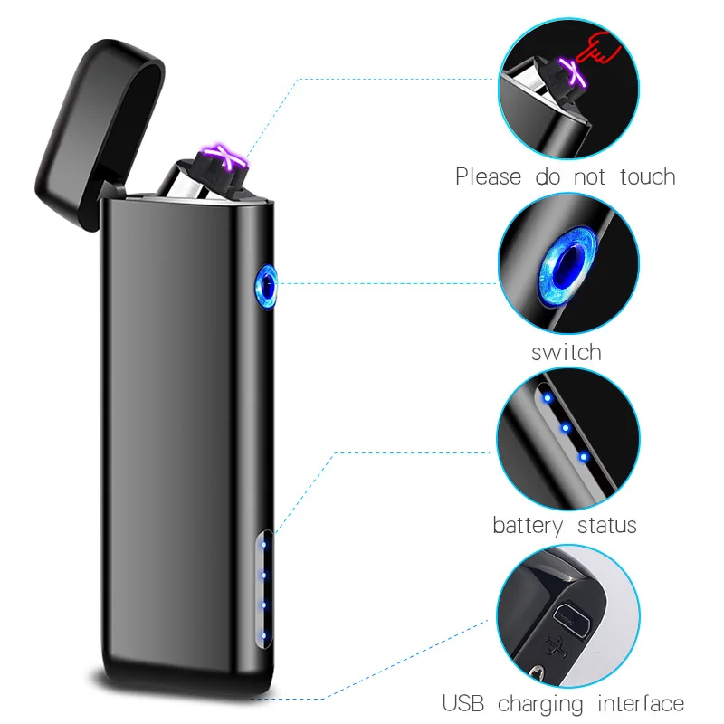 

2021 New Cigarette lighter Electric Arc Windproof Rechargeable Flameless No Gas Metal Pulse Power Display USB Lighters with box