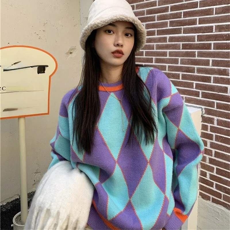 

Autumn winter 2021 long sleeve new loose foreign style contrast diamond lattice Pullover knitted warm sweater top women's wear