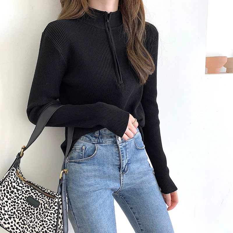 

Zip-up Casual Fashion Knitted Pullover Jumper Women Full Sleeve Basic Solid Slim Female Korean Sweater Tops Femme 2021