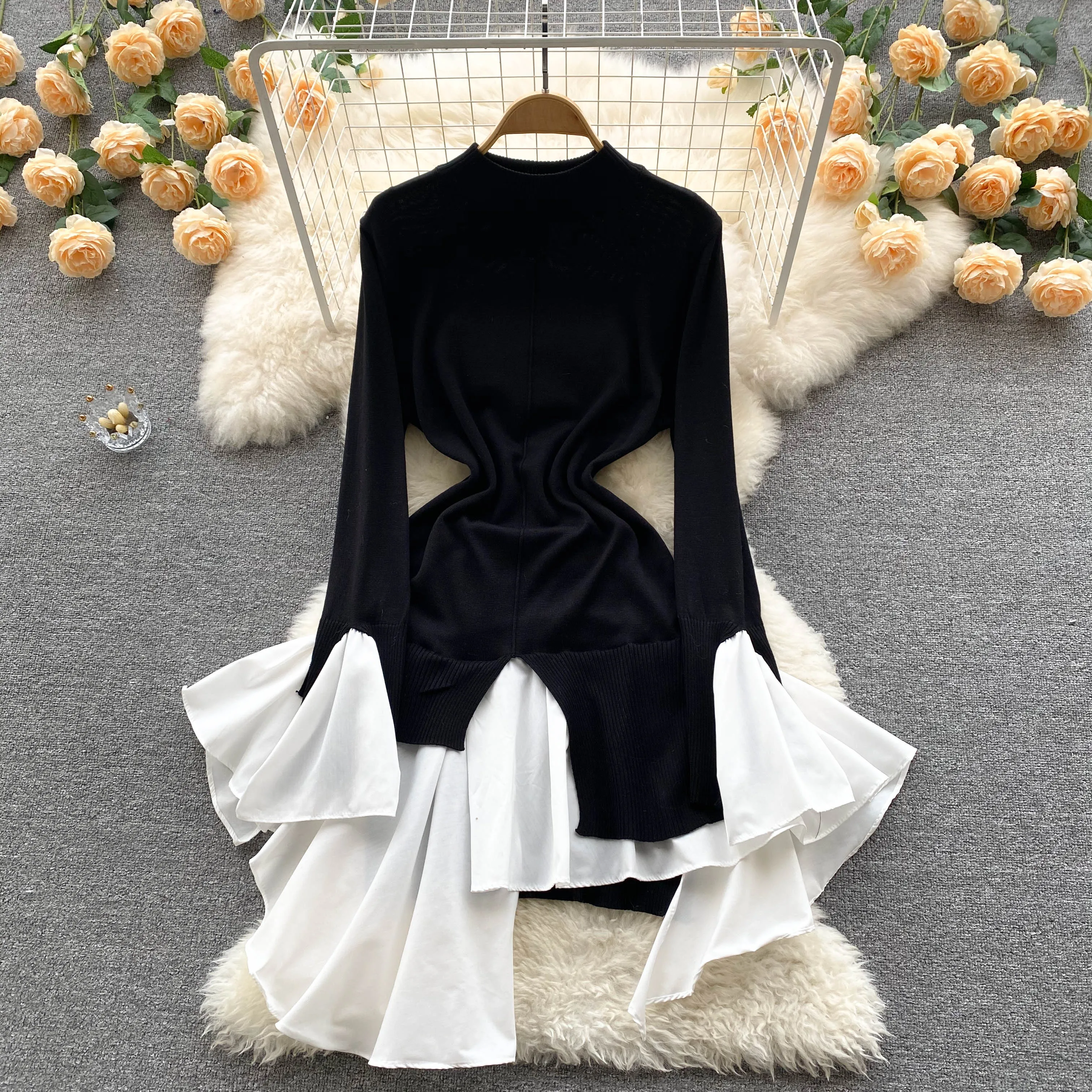 

C304 Women Fashion Autumn Winter Round Neck Long Sleeve Slim Irregular Contrast Stitching Sweater Pullover Dress Casual Vestidos