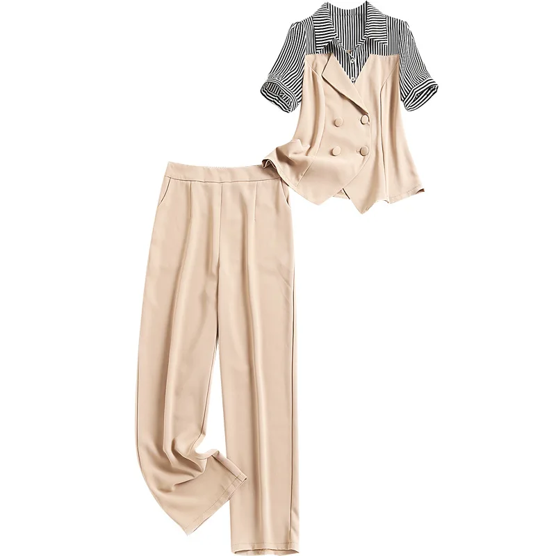 

Women office lady long pants 2 piece outfits spring summer 2021 patchwork short sleeve double breasted shirts