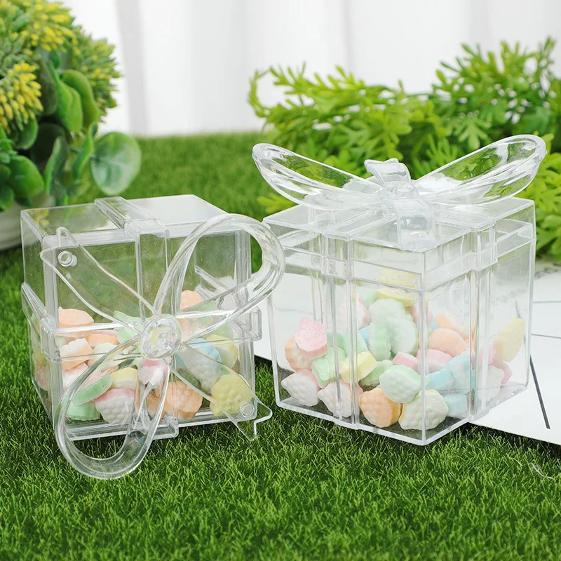 

12pcs Plastic Transparent Bow Square Candy Box Party Wedding Hand Gift Boxes Jewelry Storage Container