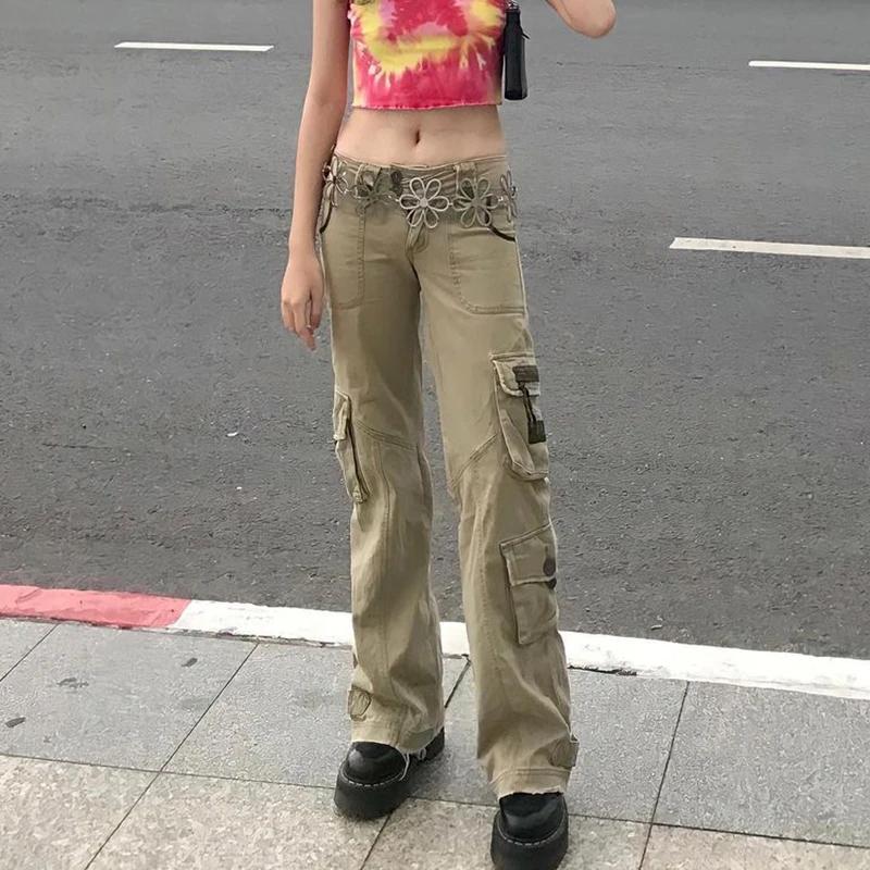 Брюки-карго Женские винтажные составного кроя с карманами и низкой посадкой |