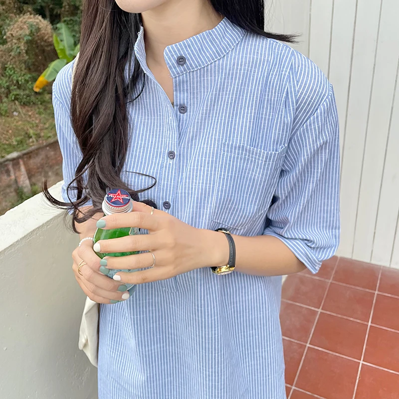 

COIGARSAM Three Quarter Sleeve Women dress Spring Striped Loose Dresses Gray Blue 8473