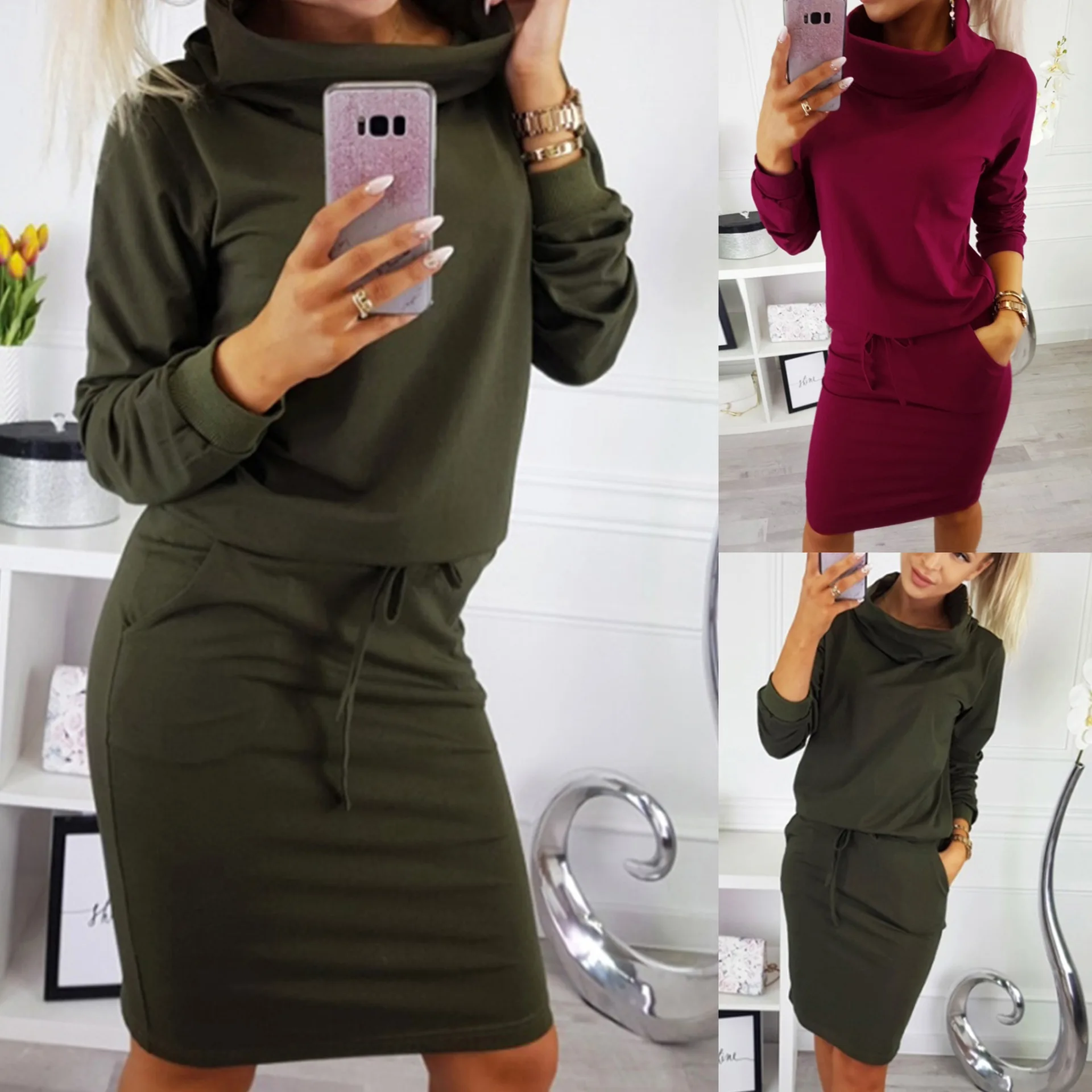 Повседневное зеленое красное свободное женское платье с высоким воротником и