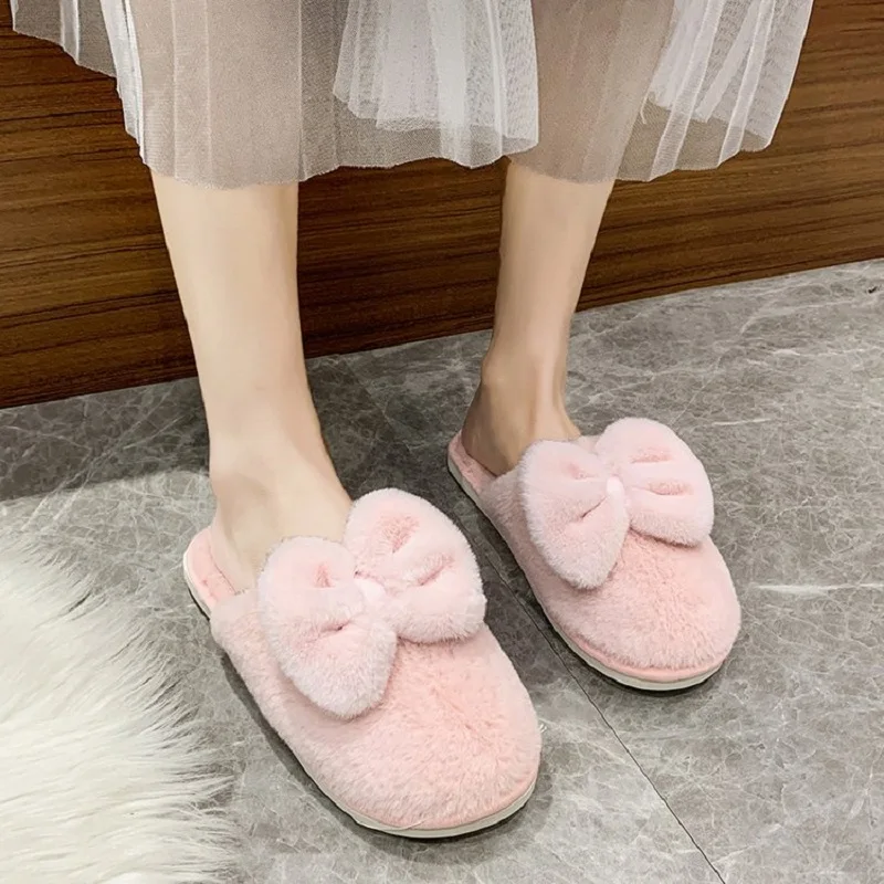

Женские хлопковые тапочки с бантом, милые зимние теплые домашние тапочки для дома с нескользящей подошвой