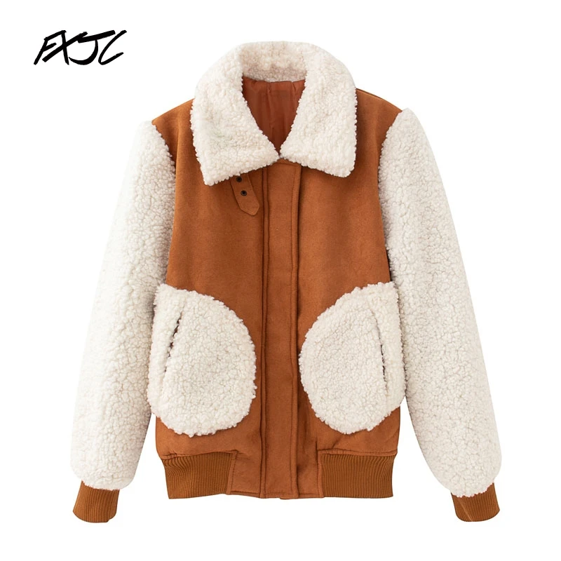 

Suede Stitching Lamb Hair Brown Women's Jacket Korean Style Lapel Warm Flying Chic Female Jacket