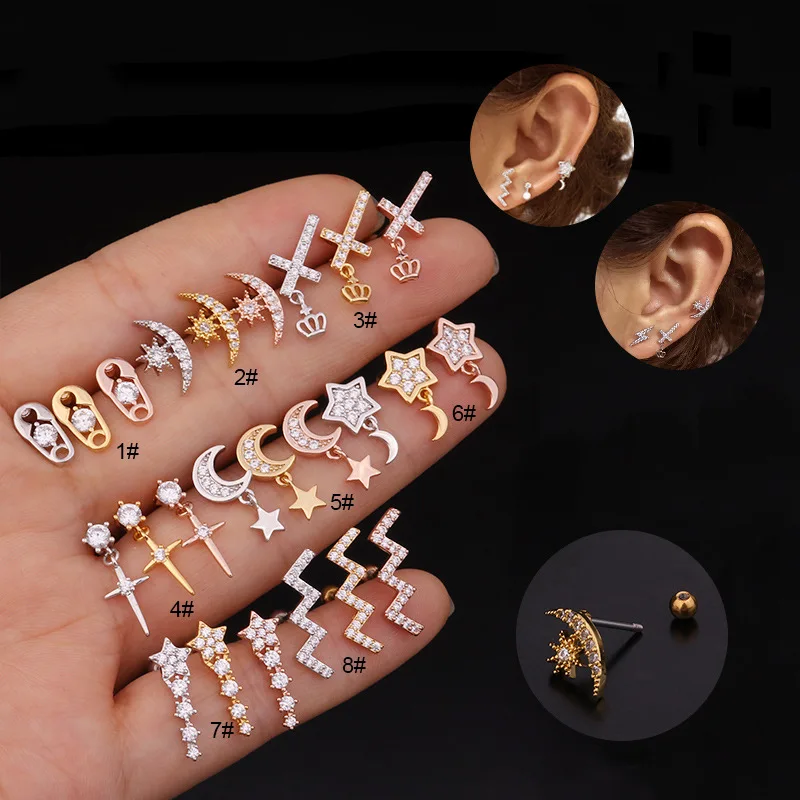 

korean Style New Moon Croos Star CZ Barbell Studs Helix Tragus Rook Piercing Crystal Stars Conch Cartilage Earring