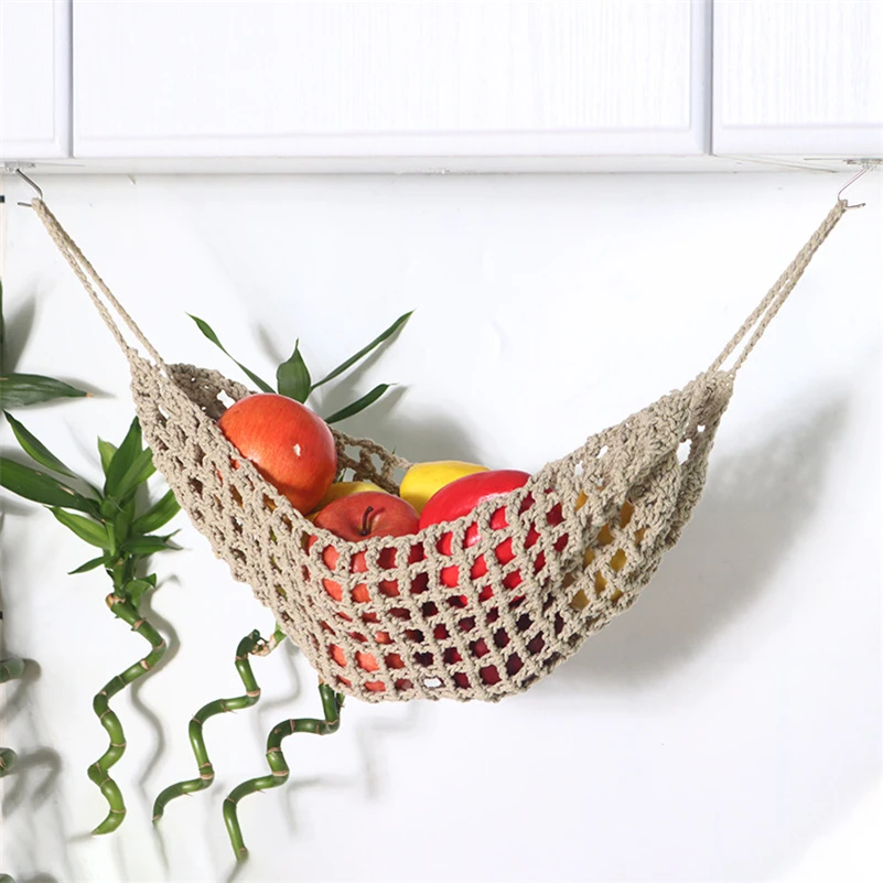 Hand-Woven Macrame Vegetable Hammock Net Under Cabinet Fruit Hanging Basket Kitchen Storage Organizer Hanging MiniTapestry Decor