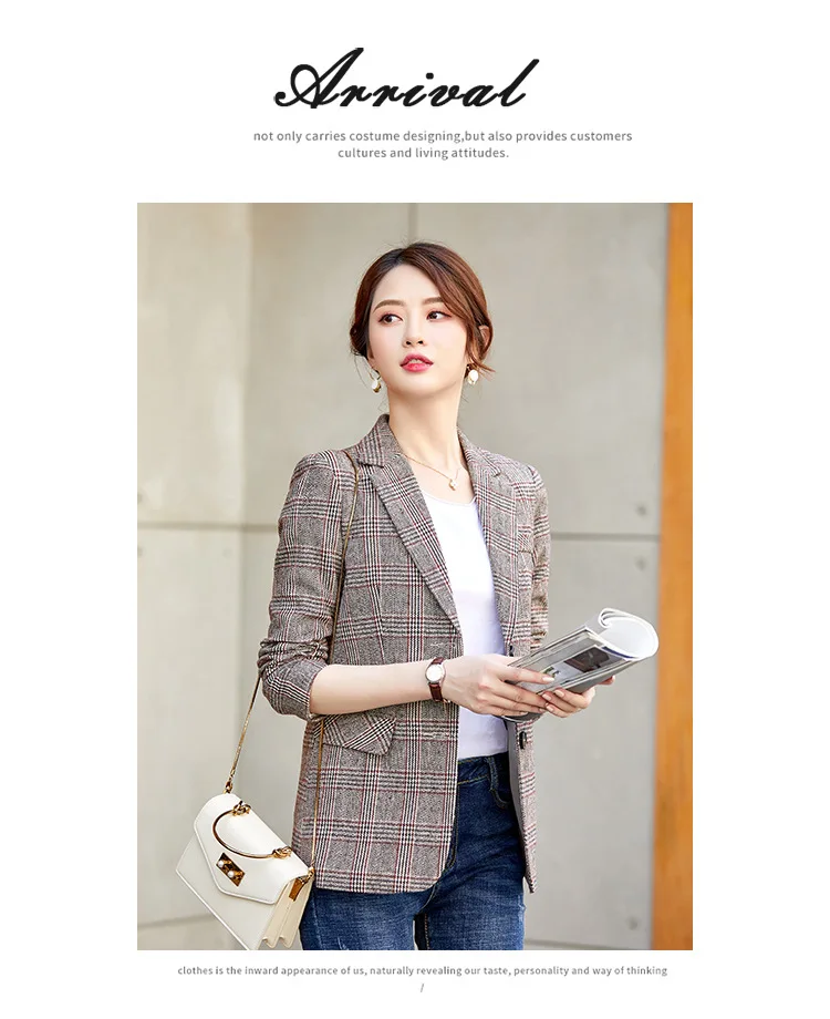 

2020 Winter Spring Slim All-match Women's Blazer Plaid Double-breasted Pocket Formal Jacket Checkered Jacket Top