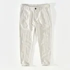 Мужские брюки-карандаш, летние однотонные серые брюки до щиколотки из натурального льна, на пуговицах, Y2503