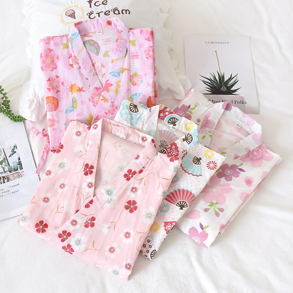 Хлопковые женские кимоно пижамы юката японский цветочный принт свободная