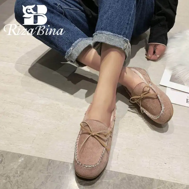 RIZABINA/зимняя обувь на плоской подошве Модные женские плюшевые Мокасины с бантиком