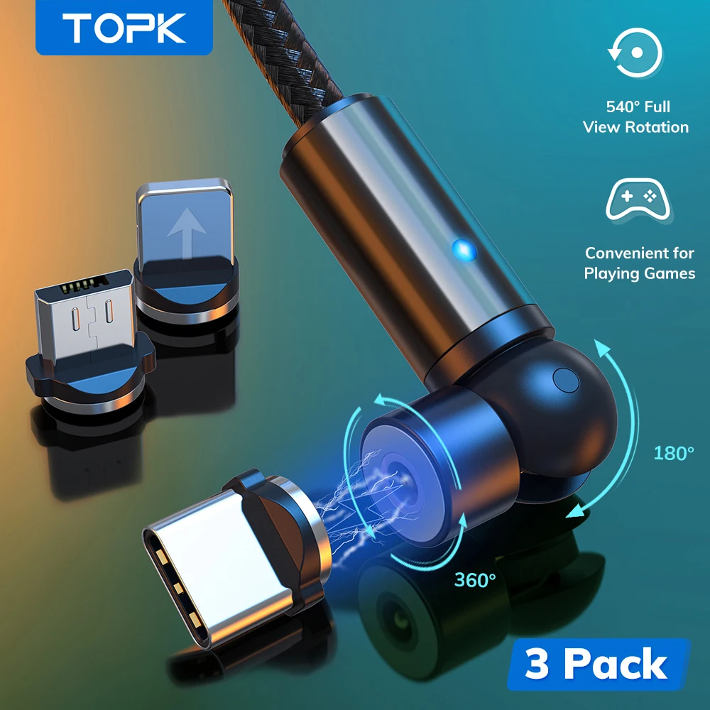TOPK-Cable magnético de carga AM68, Cable Micro USB tipo C giratorio 540,...
