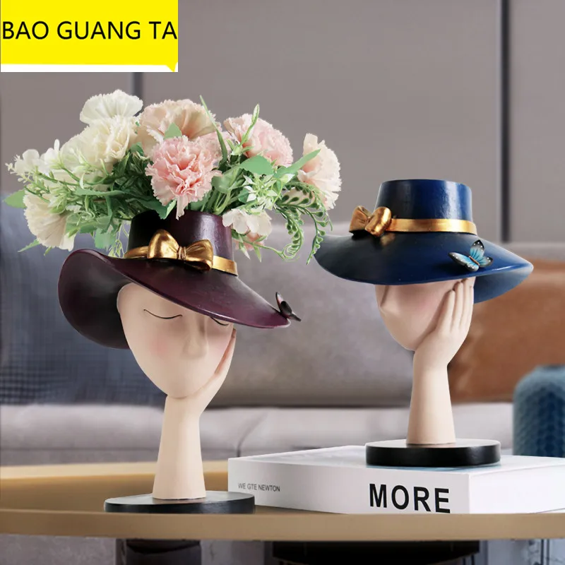 

BAO GUANG TA Abstract Fashion Lady Head Portrait Vase Girl Art Sculpture Resin Craft Home Decor Flower Arrangement Flower R5435