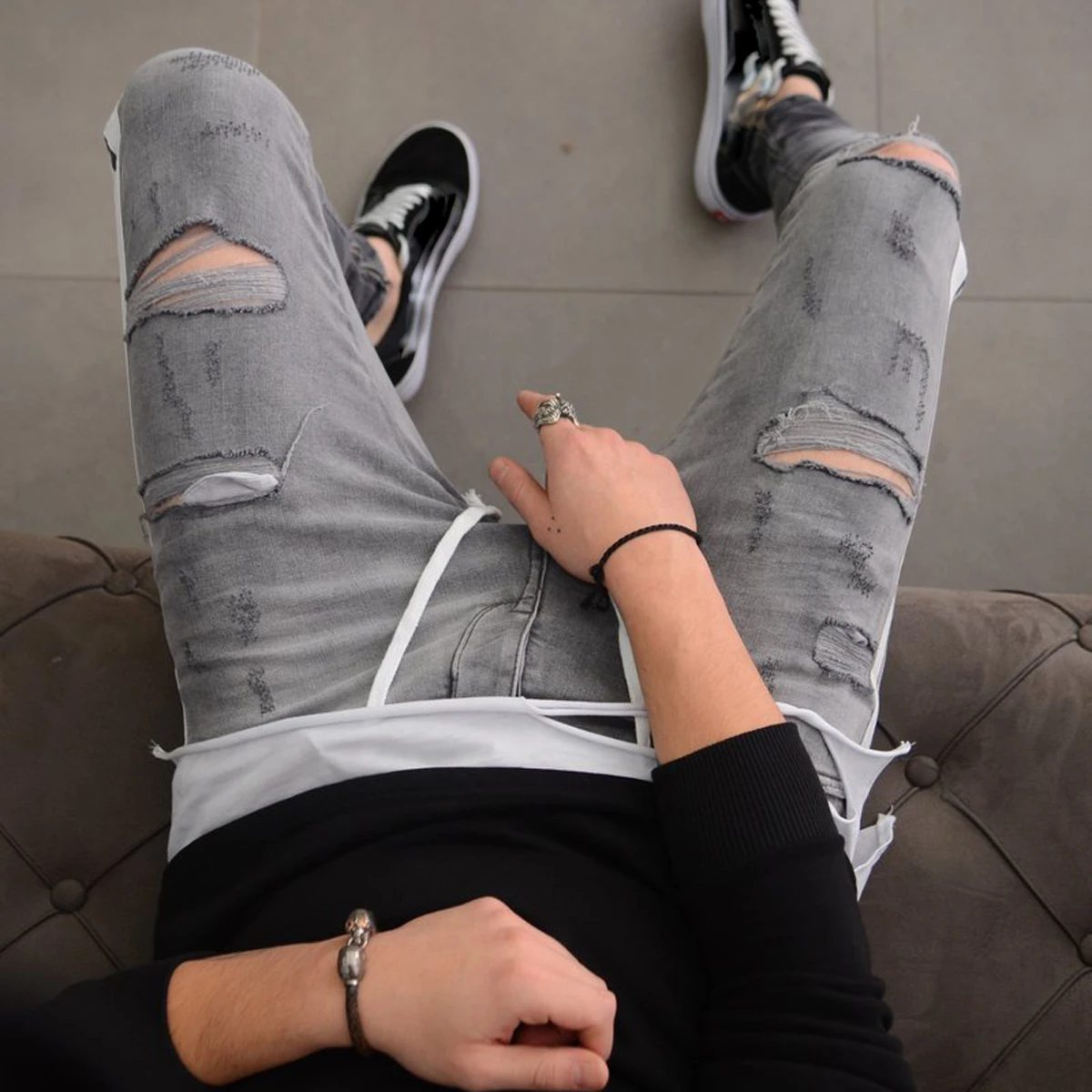 

2020 Men Jeans Pants Fashion male Drawstring Hole cozy Street Slim Casual Pants Full Length Pencil pants Trousers Hot 2020