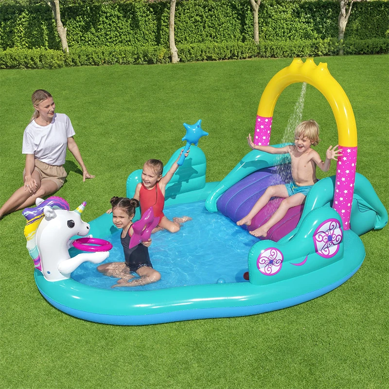 

Надувной бассейн в форме единорога, утолщенный пластиковый материал, детский игровой бассейн, семейный сад, горка, фонтан, бассейн