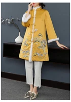 traditional chinese style retro embroidered big size rabbit fur hem cotton lining long section jacket outwear with for women