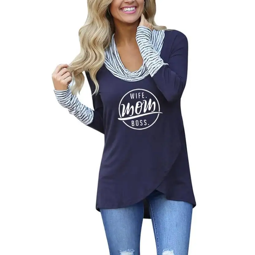 Новое поступление 2019 полосатая футболка с воротником хомутом и буквенным